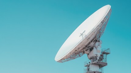 Obraz premium White satellite dish radar against a clear blue sky, high-tech communication equipment, outdoor view.