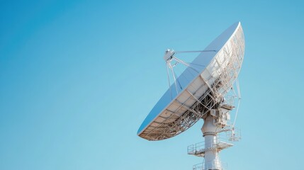 White satellite dish radar against a clear blue sky, high-tech communication equipment, outdoor view.