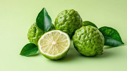 Fototapeta premium Whole and sliced green bergamot, fresh and juicy, isolated on a soft light green background, perfect for a citrus theme.
