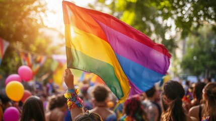 A diverse crowd joyfully waves a rainbow flag, celebrating love and unity at a pride event.