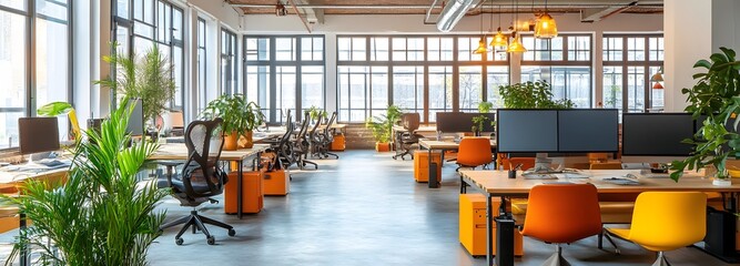 79. **A modern coworking space with open-plan desks, bright decor, and collaborative areas. The backdrop includes large windows and a vibrant, creative atmosphere.