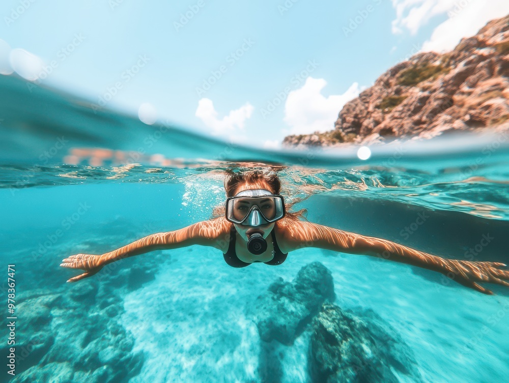 Wall mural happy woman snorkeling in crystal clear waters, an underwater paradise ideal for travel agency promo