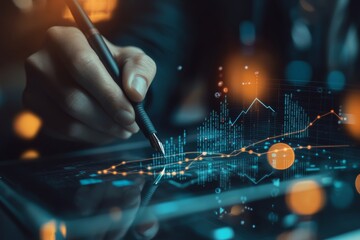 Businessman drawing a growth graph with a digital screen and financial data, a Business people concept on a blue background.