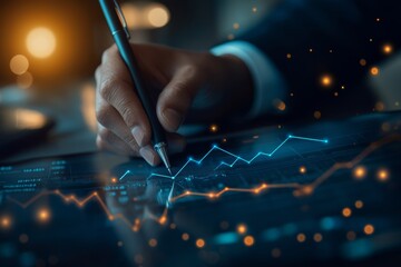 Businessman drawing a growth graph with a digital screen and financial data, a Business people concept on a blue background.