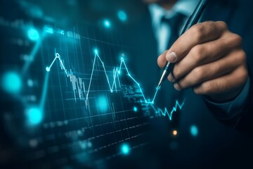Businessman drawing a growth graph with a digital screen and financial data, a Business people concept on a blue background.