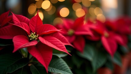 Red poinsettia flowers in close-up with a festive bokeh background