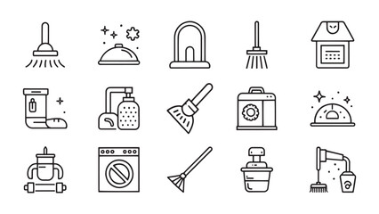 Dusting, cleaning, vacuuming, washing, changing, organizing related editable stroke outline icon set flat vector illustration on white background