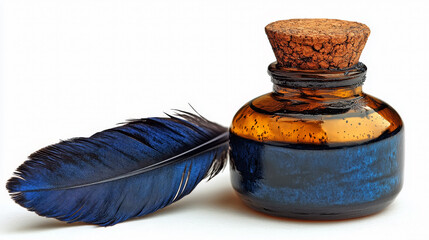 Amber ink bottle with cork and blue feather on a white background conveying a vintage feel