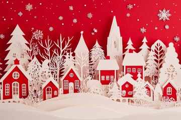 red and white paper cut Christmas village under a starry sky. of the holiday season.