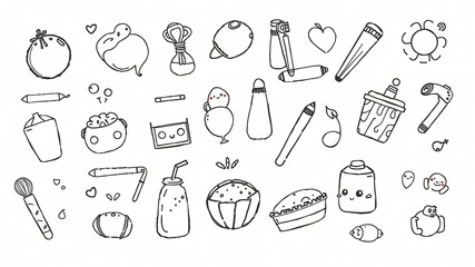 Creative doodle collection featuring various everyday objects and foods in a playful black-and-white illustration