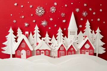 red and white paper cut Christmas village under a starry sky. of the holiday season.