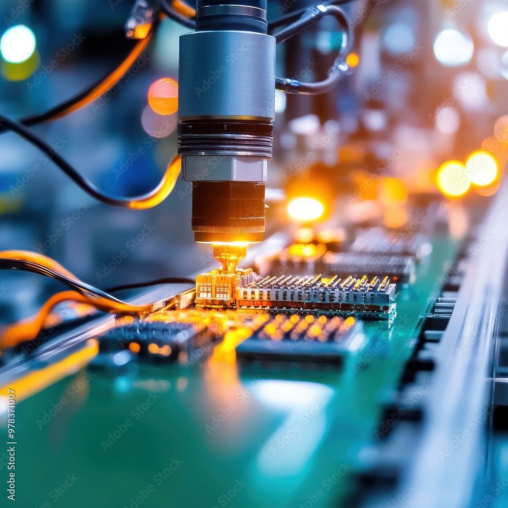 Poster close-up of advanced technology with a robotic arm assembling microchips on a circuit board in a hig