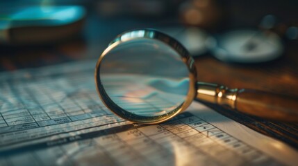 Fototapeta premium Vintage magnifying glass on financial documents in a warm atmosphere