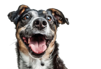 Obraz premium Photorealistic close-up of an excited dog with tongue out, ears perked, and expressive eyes. Perfect for pet-related projects or joyful animal themes. Pet.