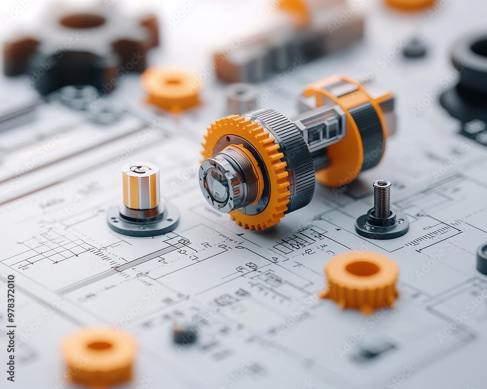 Aufkleber close-up of mechanical parts and gears on a blueprint, showcasing precision engineering and technica