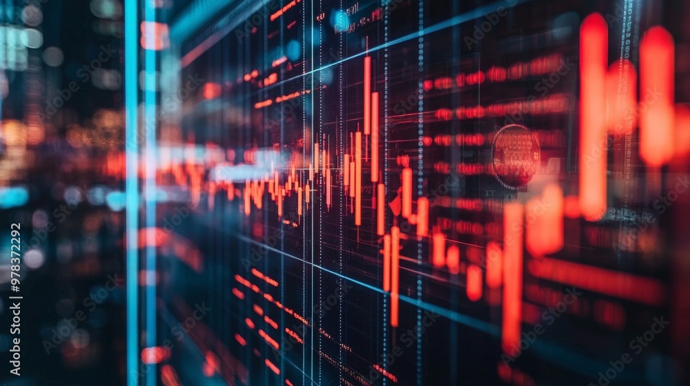 Aufkleber red financial data graph with glowing digital data in a dark environment