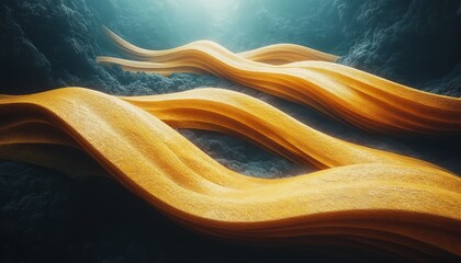 Abstract Landscape with Wavy Golden Formations and Dark Background