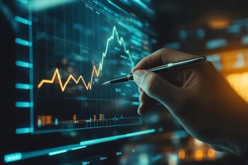 Businessman drawing a growth graph with a digital screen and financial data, a Business people concept on a blue background.