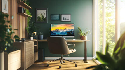 Modern home office with a large window and scenic view