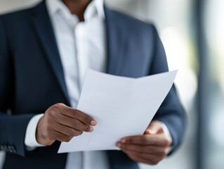 A professionally dressed individual holding a blank sheet of paper in a modern office environment.