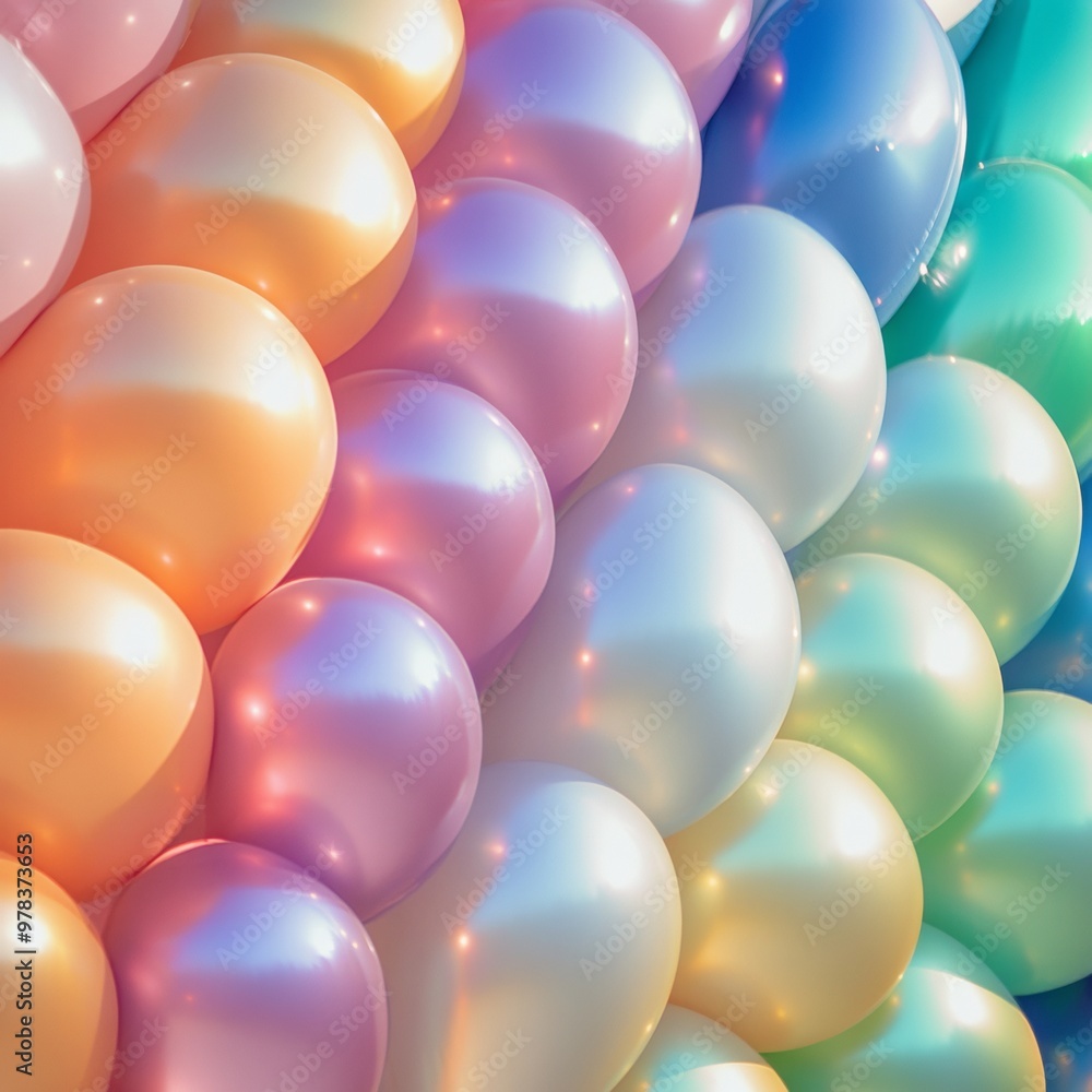 Poster Aerial View of Iridescent Balloons in Symmetrical Pattern with Shiny Textures and Vibrant Colors