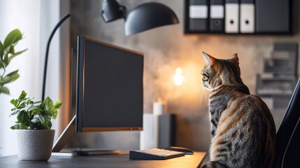 Stylish office with a cat watching the screen, sleek decor, soft lighting, and a calm, focused atmosphere