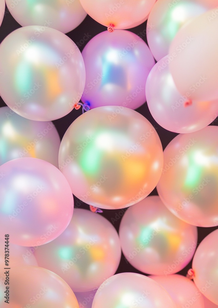 Poster vibrant iridescent balloons with colorful reflections on soft black background, creating festive atm
