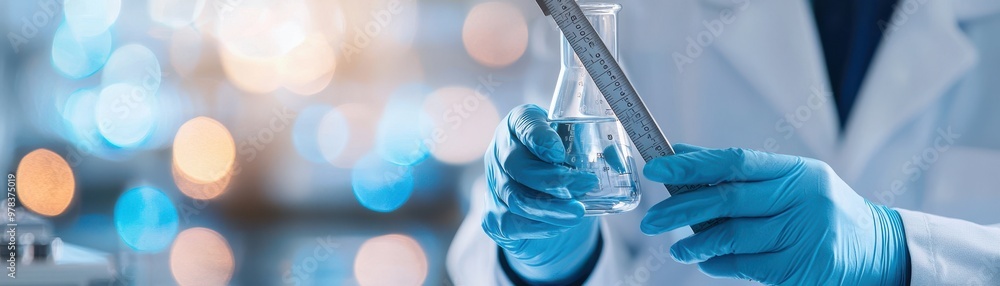 Poster scientist conducting an experiment with a test tube in a laboratory, showcasing precision and innova