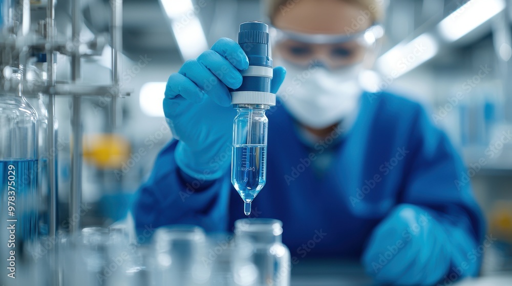 Poster a scientist conducts a precise experiment using a dropper to dispense a clear liquid in a laboratory