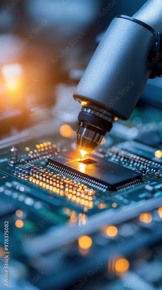 Poster close-up of a robotic arm inspecting a microchip on a circuit board, showcasing precision and techno