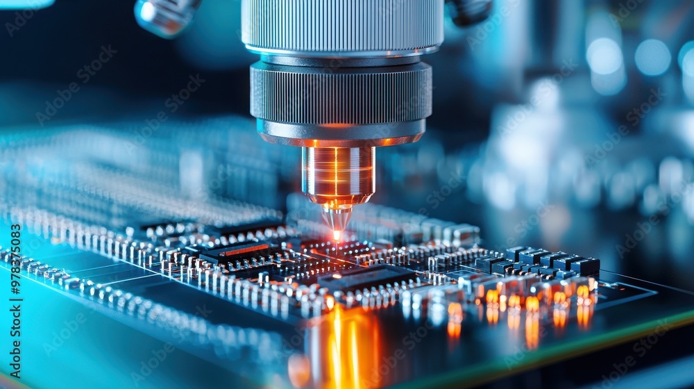 Poster close-up of a laser engraving machine working on a circuit board, showcasing advanced technology in 