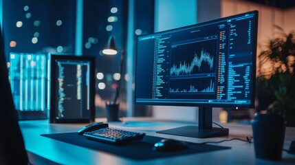 Naklejka premium Modern financial trading desk with multiple monitors displaying stock data