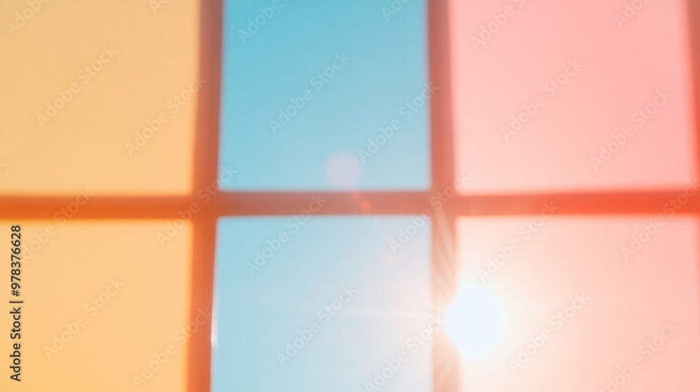 Poster modern office silhouettes with sunlit geometric window patterns in abstract blue and pink gradient b