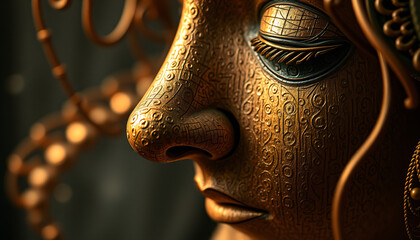 golden statue of a woman's face intricately carved and decorated