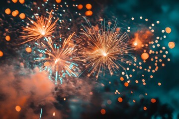Obraz premium Fireworks exploding in the night sky, shining beautifully with vibrant colors.