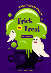 Happy halloween party poster template design. Ghost fly around poison pot isolated on purple background flat design style vector illustration