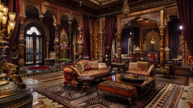 Opulent interiors with carved wooden furniture, silk drapes, intricate patterns, and rich jewel tones, evoking the grandeur of Indian palaces. Indian Royal Palace interiors  design 