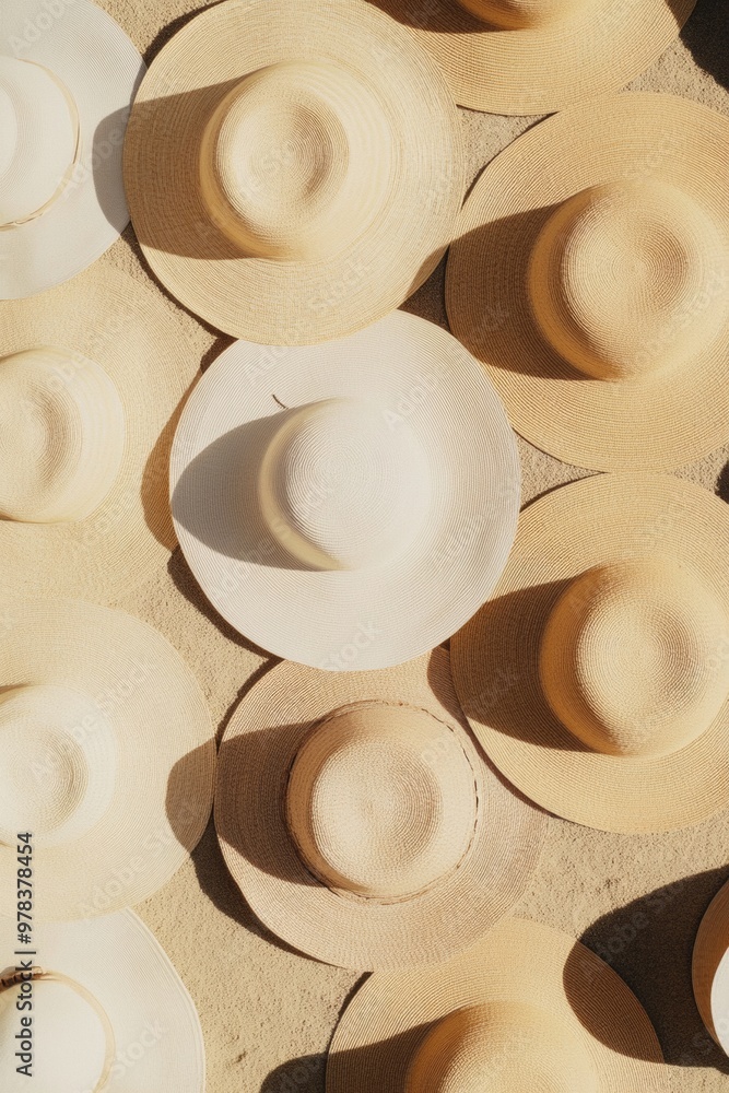 Poster aerial view of beige sun hats in symmetrical geometric pattern on textured stone background