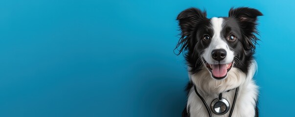 Adorable Border Collie Dog with Stethoscope on Blue Background for Pet Hospital Banner, Minimalist Design Concept