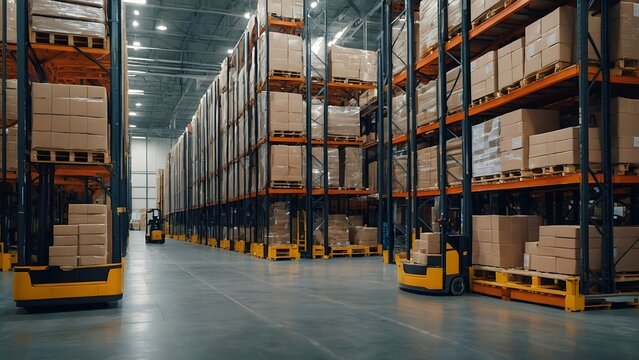Large Warehouse Filled With Stacked Boxes and Forklifts Operating During Daytime