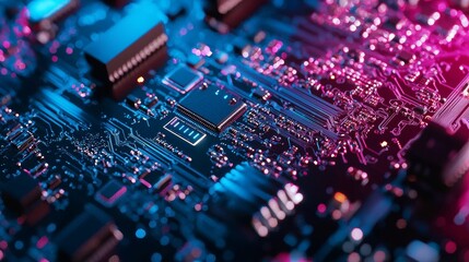 Obraz premium Close-up of electronic circuit board with neon lighting