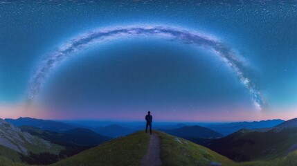 Lone Traveler Stargazing on a Mountain Under the Milky Way Arch at Dusk