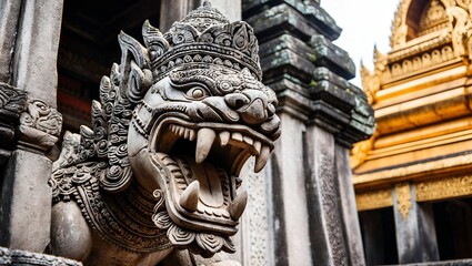 Obraz premium detailed and ornate stone sculpture of a mythical creature, likely from a temple or historical site.