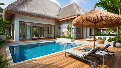 Fototapeta premium Luxurious outdoor setting featuring a modern villa with a thatched-roof patio. The layout includes a wooden deck surrounding a pristine swimming pool, with two lounge chairs and a small table 