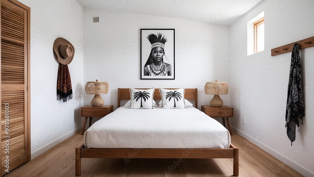 Wall mural minimalist bedroom with a modern, clean design. The room features a wooden bed frame with a white bedspread and two decorative pillows, one with a palm tree design.