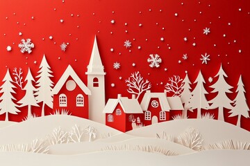 Naklejka premium red and white paper cut Christmas village under a starry sky. of the holiday season.