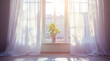 Sunlit Window with Sheer Curtains and a Small Plant
