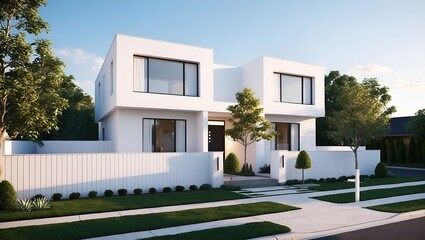 modern, minimalist two-story house with a sleek, white exterior. The building features clean lines and a flat roof, with large, rectangular windows that blend seamlessly into the facade