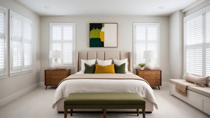minimalist bedroom with a neutral color palette. The room features a large bed with a beige upholstered headboard, dressed in white and beige linens, and accented with green and mustard throw pillows.
