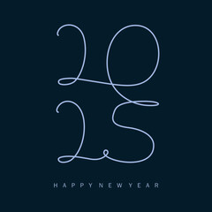 Modern abstract single line art of 2025 new year card in blue. celebration elegance greeting card banner poster